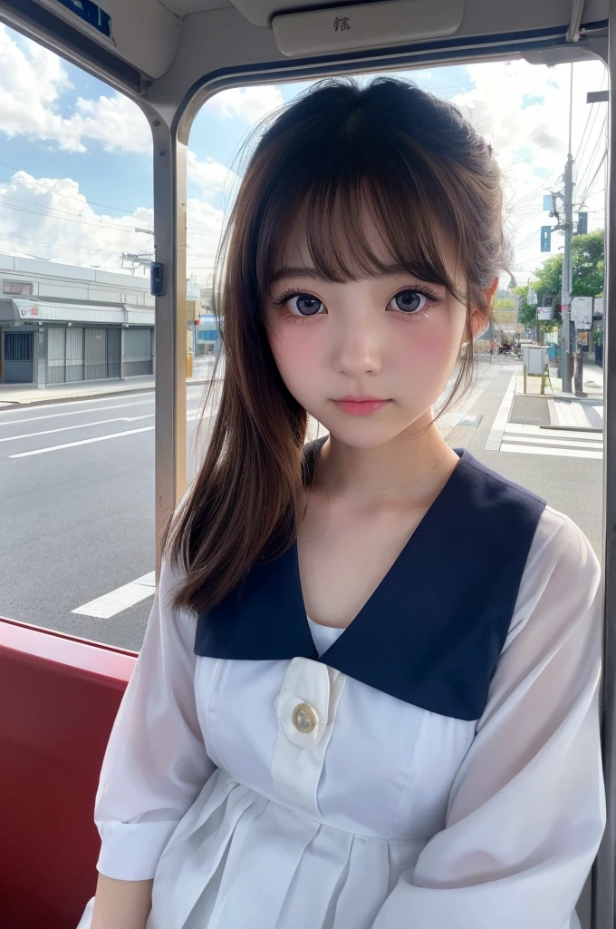 (1 Girl )、(Beautiful Japanese、18years old,round face、Refreshing、clear、seems kind、stylish、Pitiful、cute like an angel、cute、black eyes、(Single eyelid:1.3)、Beautiful skin), {(Japan human face:1.4),(General facial features)} , (((Beautiful breasts:0.4))),(((soft breasts))),(very cute),(short hair),(enchanting eyes),(highlight on eyes:1.2)、(8K、Live shooting、highest quality、masterpiece:1.2、optimal lighting)、((masterpiece)),(Photo taken by a professional photographer),(real、photo real:1.4),BREAK,{(cute Japanese high school sailor uniform),((traditional Sailor Suit:1.0))},(cheeks are red:1.3), BREAK, BREAK,Face shot:1.3、 face close-up,Looking at viewer,lonly face:1.4、Japan、Summer、from above、bus stop,Blue sky, cumulonimbus clouds,(((1970s vibe)))、Hands clasped behind back