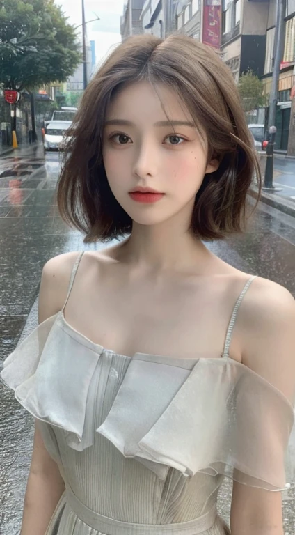 ((Highest quality, 8K, masterpiece: 1.3)), concentrated: 1.2, Perfect Body Beauty: 1.4, Hips: 1.2, ((Layered Haircut, Flat Chest: 1.2)), (rain, street:1.3), Bandeau dress: 1.1, Highly detailed face and skin texture, Beautiful Eyes, double eyelid, White skin, Long Hair, (shut up: 1.3), whole body