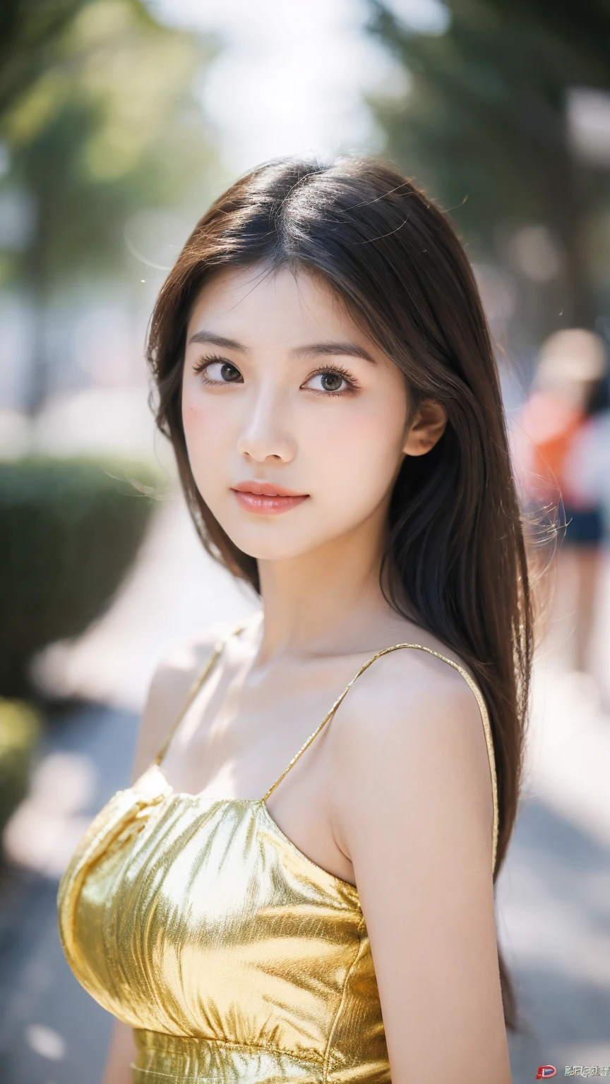 ((Best quality, 8K, masterpiece:1.3))，1girl，18 years old，Asian，Real texture:1.3，(Background blur:1.1)，Gorgeous long dress，Tall and slender figure:1.2，(Hot summer weather)，（street:1.3），Highly detailed face and skin textures，Exquisite eyes，Long eyelashes，Double eyelids，Skin Whitening，happy，Various postures，Big breasts