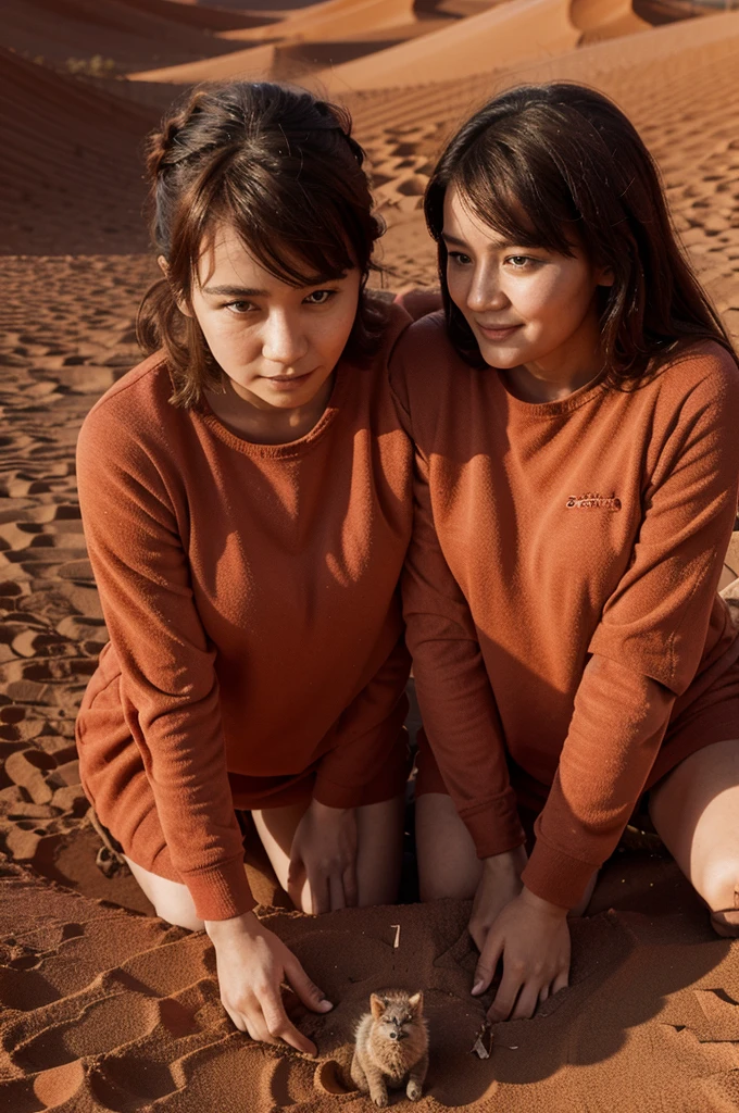 Generate an image of two creatures, one - small and fluffy, and the other - huge and scaly, who care about each other. Planet - with red sand dunes. 