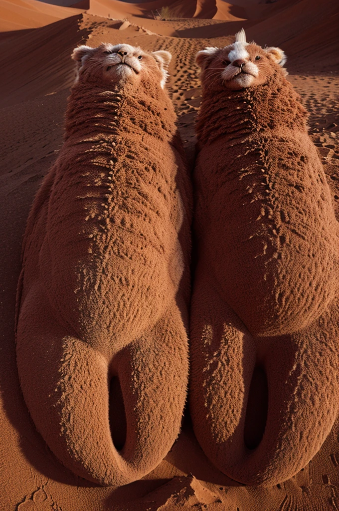 Generate an image of two creatures, one - small and fluffy, and the other - huge and scaly, who care about each other. Planet - with red sand dunes. 