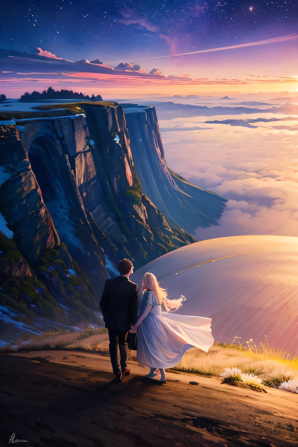 A dreamy, ethereal landscape unfolds in the AR 9:16 canvas, showcasing the finest details in a 2K resolution. The image is a testament to top-quality artistry, with the ultra-detailed everyman holding the hands of his equally detailed partner, both adorned in dreamy evening attire. The landscape shimmers under cinematic lighting as they stride towards a radiant sunset, symbolizing their journey towards a glorious future.
(best quality, highres:1.2), 2people, dreamy eyes, dreamy lips, extremely detailed faces, long eyelashes, medium:digital art, pastel colors, HDR