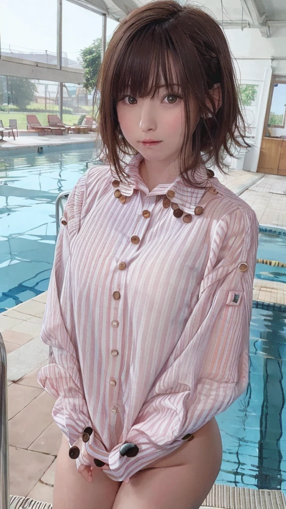 pureerosface_v1, best quality, photorealistic, 8k, high res, full color, 1girl, woman, 20 years old woman, (closed mouth:1.33), (portrait:0.6), trees, daylight, ((poolside background:1.52)), full color, ((buttoned shirt:1.88)), looking at viewer:1.8, (1girl eyes looking at viewer:1.55), (medium hair, brownihair, partedbangs:1.35), (bokeh),