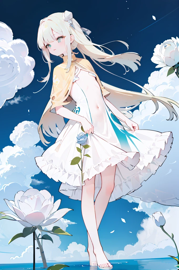 ((No bra, no panties, sheer white one-piece dress with blue roses))Yellow Hair,Yellow Eyes,Carly,Adorable,White high heels on her feet,whole body,Fingers and arms are not exposed,Yellow rose flower field in background,Blue sky and white clouds,,Happy expression,High quality light and shadow,Artistic Sense((Hair Bun))(Very long hair))((Blunt bangs))((Bitch))((tsurime))((Big eyes))((Skinny body))((expensive))(Pale skin))((Botanical Prints))((infant))((Showing nipples under shirt))(Pale skin))((Botanical Prints))((infant))((nsfw))((((5 years old)))(((infant)))((Lolita)(((naked)))
