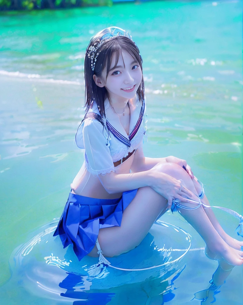 (NFSW)、(High resolution:1.5)、Highest quality,Very detailed,masterpiece,Super detailed,alone,(One 12 year old girl),((Summer School Uniforms:1.5)), Seraphim, ((skirt:1.5)), smile, Thigh fetish images: 1.5、(((barefoot)))、(Her thighs and white bikini reflected in the clear blue water)、(reflected in water:1.5)、((I can see the white string panties:1.5))、(Cleavage)、((Clear blue seawater))、Summer sun、はしゃいだsmile、Beautiful Eyes、(pull-out-panties)、(Panties on knees)、Big necklace and tiara、The water is marine blue、(((Glossy thighs)))