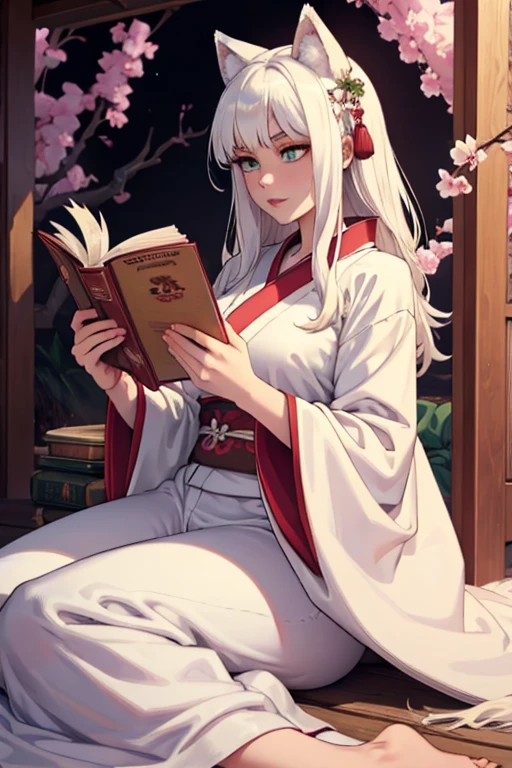 a young white haired wolf woman with green eyes with an hourglass figure and white wolf ears and a white wolf tail in a pretty kimono is reading underneath a cherry blossom