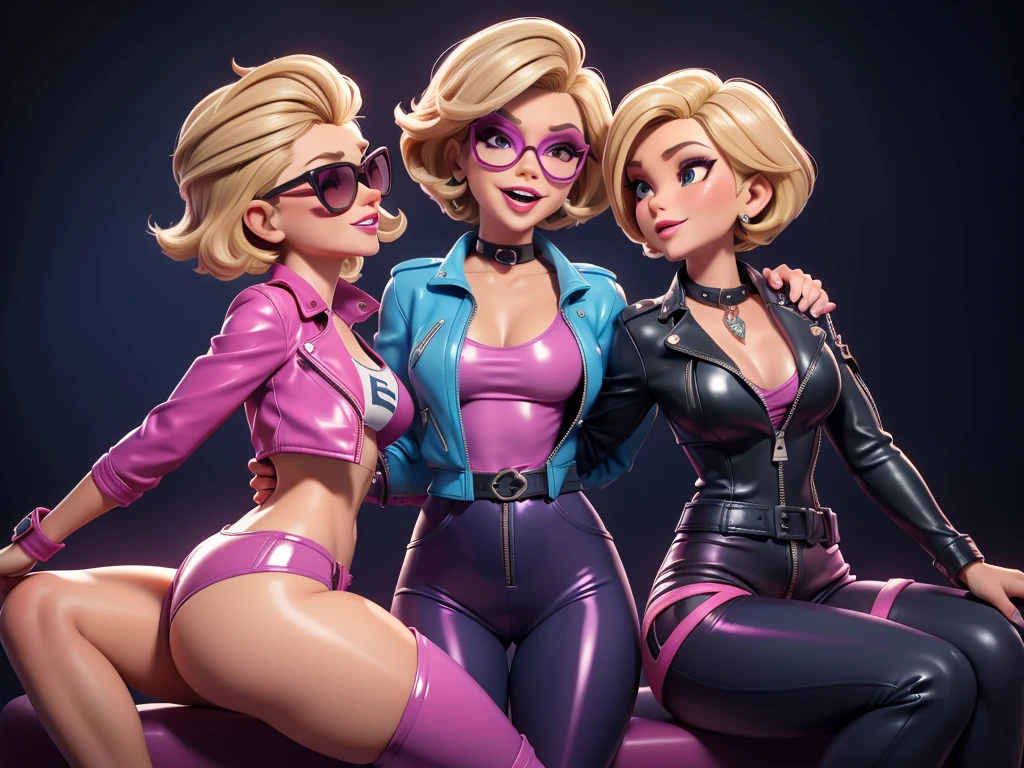 obra prima, melhor qualidade, ((joan rivers, tan skin, short blonde bob hair,)) head back, ((sassy wicked, open mouth, big teeth smile, shiny periwinkle lipstick, sunglasses,)) thick smoky black eye shadow, long fake eyelashes, sticking tongue out, (cerulean blue leather jacket with bob shoulder,) biker jacket has stiff collar, leather blouse, ((magenta pvc shorts, pockets, unzipped front,)) studs zippers snaps, shiny leather gloves, nip slip, body is skinny, laying down hugging each other on sofa, shiny tight buttocks, arched back, mashing breasts, ((passionate kissing, hand inside pants,)) camera view of whole body, looking up at me, shallow depth of field, highres, HD, 8k, anatomically correct