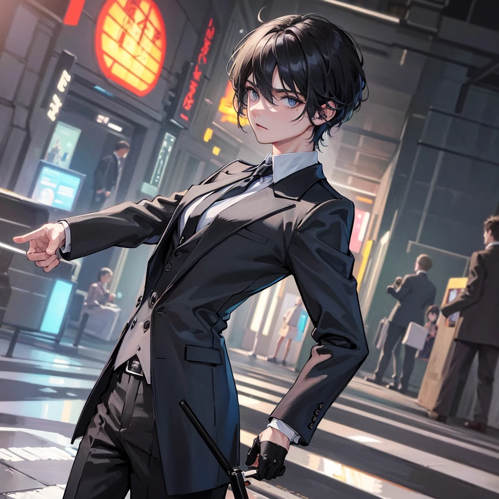 1boy, short black hair, light blue eyes, wearing all black suits, street, sunset, high res, ultrasharp, 8k, masterpiece, looking at viewer from behind