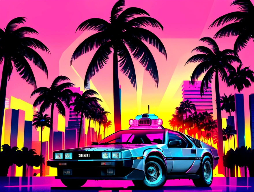 delorean car drives through the city with palm trees and neon sunset, art deco ahead of anime aesthetic, overtake art style, miami synthetic wave, masterpiece epic Find art, epic Find art, neon landscape, Find art, style of synthwave art, The 80s are ahead, Epic retrowave art, advanced color palette, Cyberpunk dreamy colorful colors