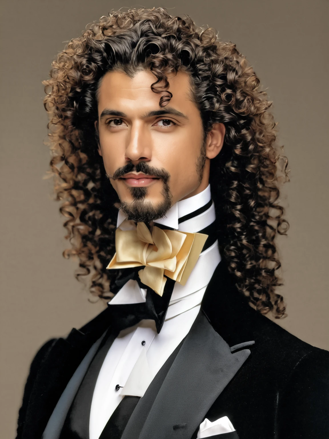 man in tuxedo, curly hair, goatee