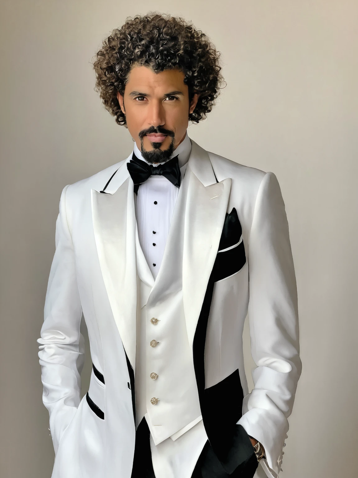 man in tuxedo, curly hair, goatee