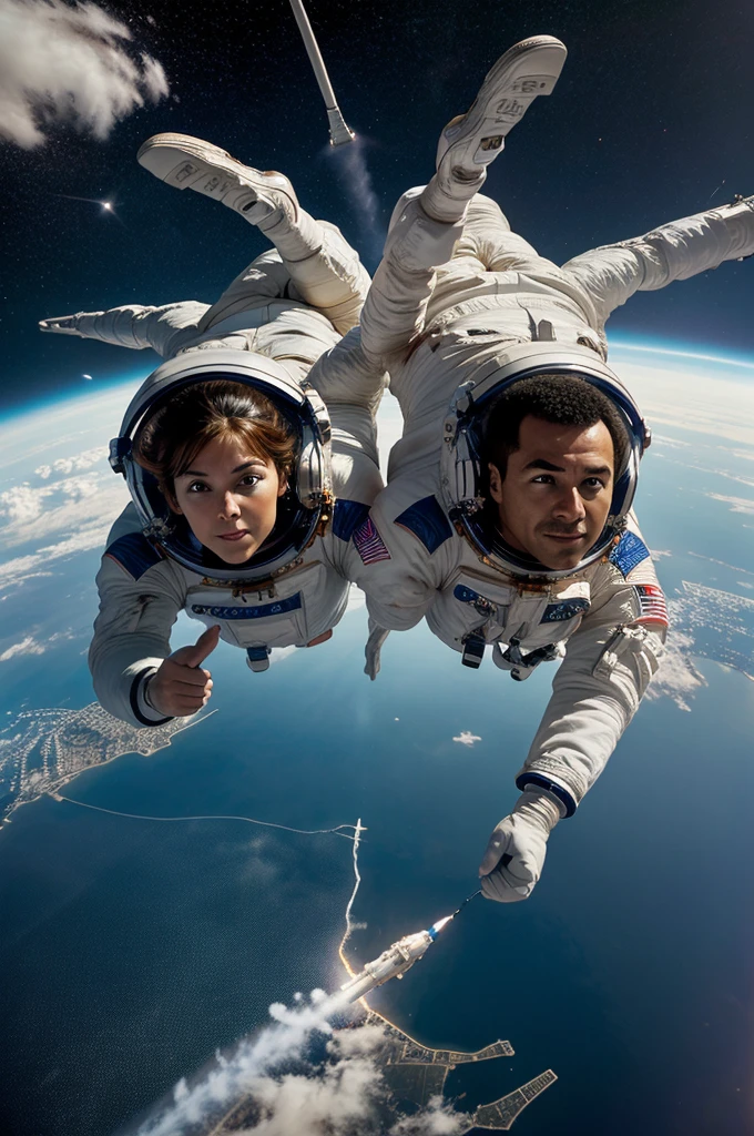 "Create an image prompt: Two astronauts flying in space, with their spaceship above them and Earth in the background. Describe this mesmerizing scene in vivid detail."