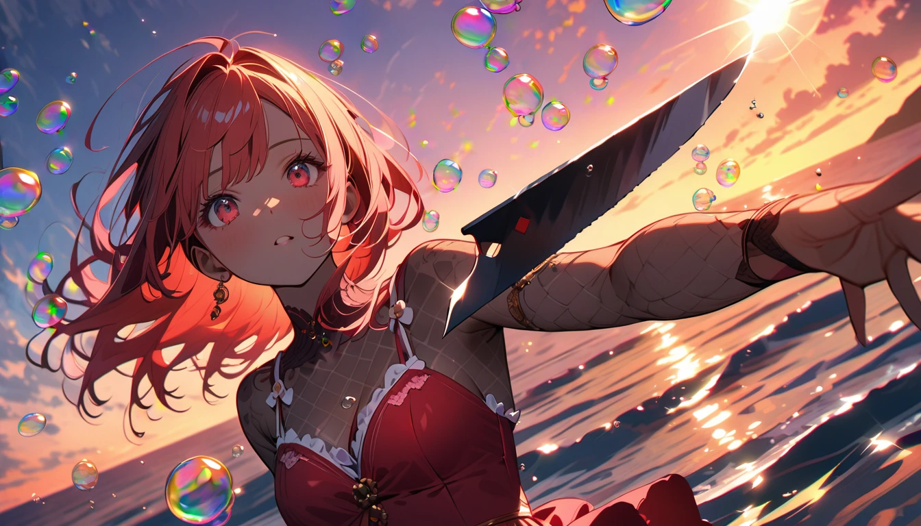 (Lots of beautiful bubbles:1.4), break ,background\(Golden Hour,Very beautiful sea\((red:1,5)\),A knife sinking in the sea\), break ,quality\(8K,非常に精細なCGユニットのwallpaper, masterpiece,High resolution,top-quality,top-quality real texture skin,Surreal,Increase the resolution,RAW Photos,最高quality,Very detailed,wallpaper,Cinema Lighting,Ray-tracing,Golden Ratio\),Dynamic Angle,Bubbles close-up