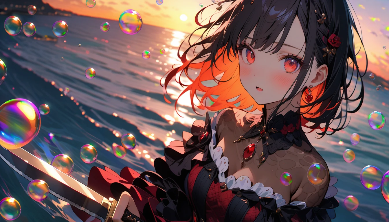 (Lots of beautiful bubbles:1.4), break ,background\(Golden Hour,Very beautiful sea\((red:1,5)\),A knife sinking in the sea\), break ,quality\(8K,非常に精細なCGユニットのwallpaper, masterpiece,High resolution,top-quality,top-quality real texture skin,Surreal,Increase the resolution,RAW Photos,最高quality,Very detailed,wallpaper,Cinema Lighting,Ray-tracing,Golden Ratio\),Dynamic Angle,Bubbles close-up