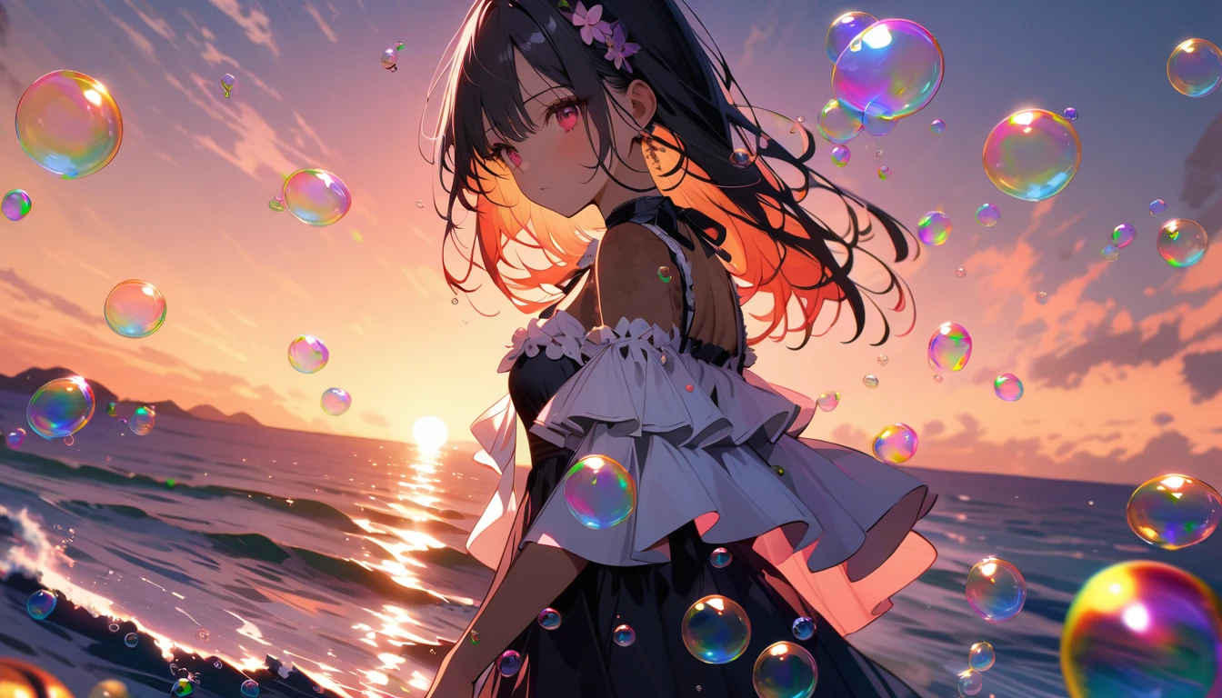(Lots of beautiful bubbles:1.4), break ,background\(Golden Hour,Very beautiful sea\((red:1,5)\),A knife sinking in the sea\), break ,quality\(8K,非常に精細なCGユニットのwallpaper, masterpiece,High resolution,top-quality,top-quality real texture skin,Surreal,Increase the resolution,RAW Photos,最高quality,Very detailed,wallpaper,Cinema Lighting,Ray-tracing,Golden Ratio\),Dynamic Angle,Bubbles close-up