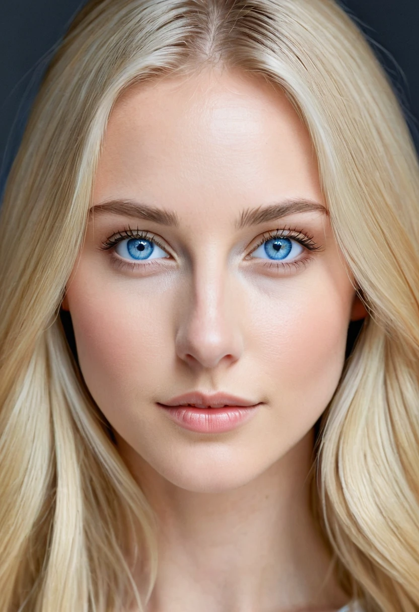 Extremely light white woman, young, adult, neoteny, blue eyes, angelic face, fine features, thin nose, symmetrical face, small nose, perfect face, tenderness, smooth skin, perfect skin, very long light blonde hair,hyper realistic,centered front face, looking straight ahead