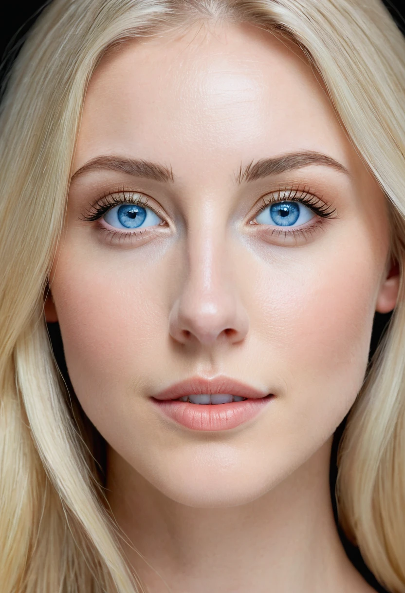 Extremely light white woman, young, adult, neoteny, blue eyes, angelic face, fine features, thin nose, symmetrical face, small nose, perfect face, tenderness, smooth skin, perfect skin, very long light blonde hair,hyper realistic,centered front face, looking straight ahead