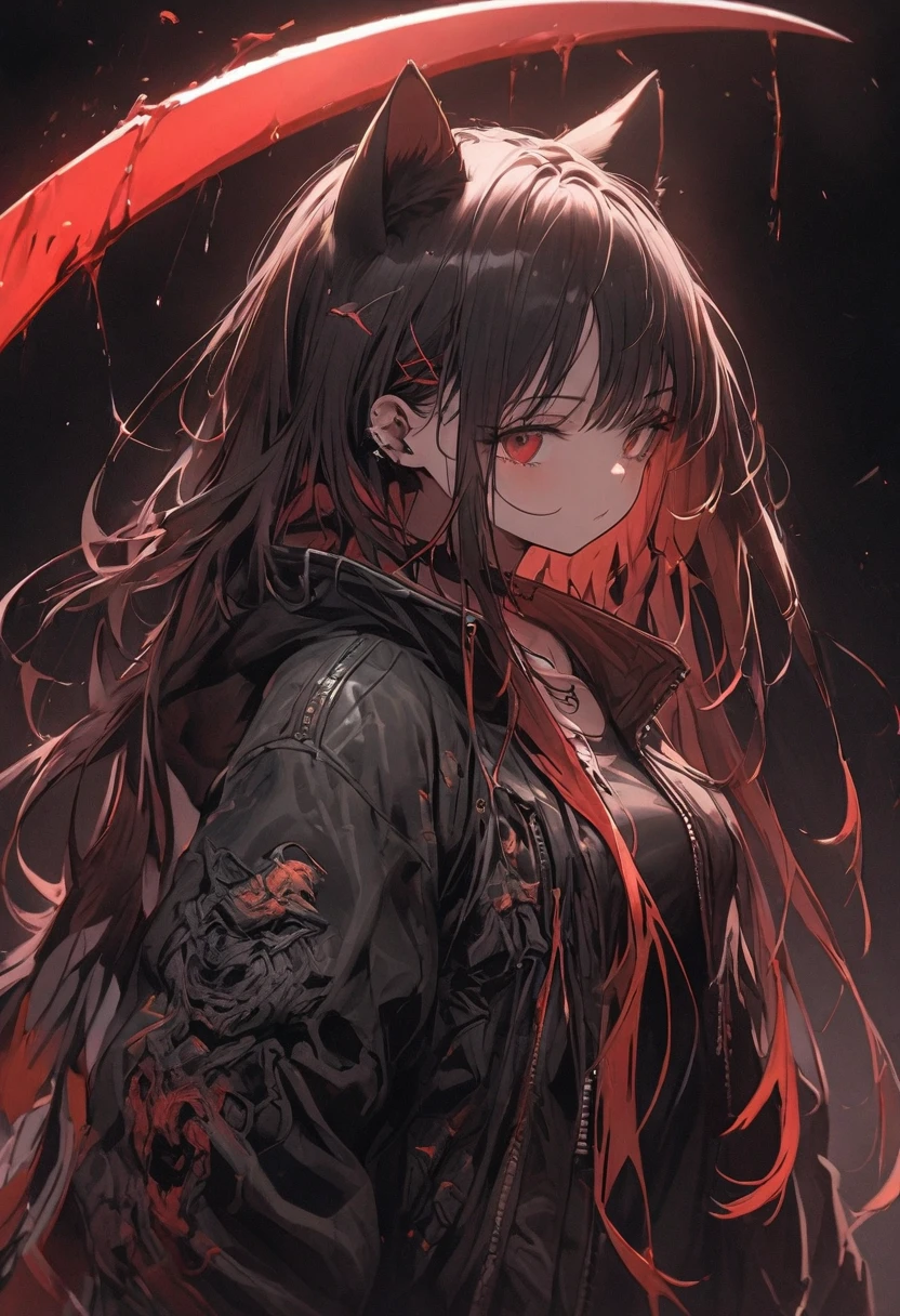 Detailed silhouette of a cyberpunk girl with cat ears and a tail, Flowing, Tattered coat, He has a giant blood scythe that includes a mechanical cat design., Stand on the glossy, Minimalist reflective surface, Red and black gradient background, sense of depth:15