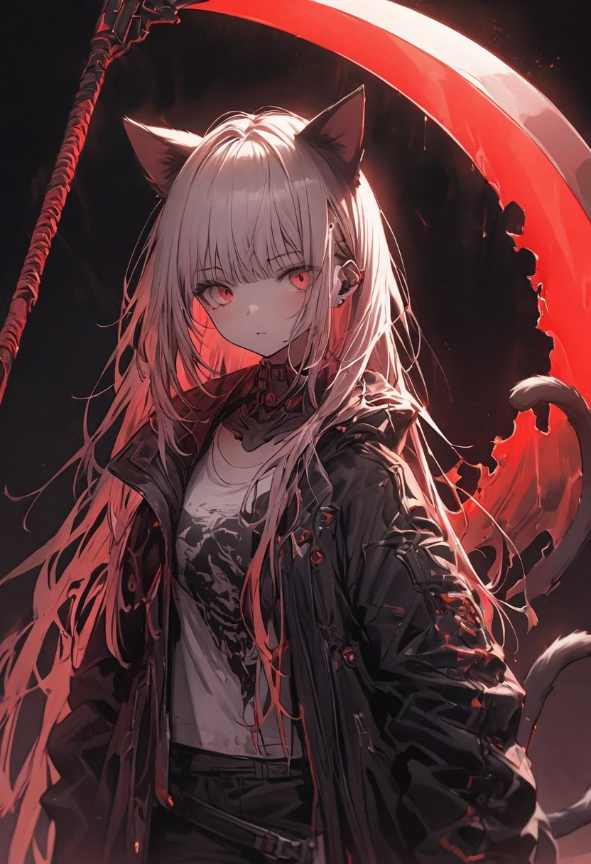 Detailed silhouette of a cyberpunk girl with cat ears and a tail, Flowing, Tattered coat, He has a giant blood scythe that includes a mechanical cat design., Stand on the glossy, Minimalist reflective surface, Red and black gradient background, sense of depth:15