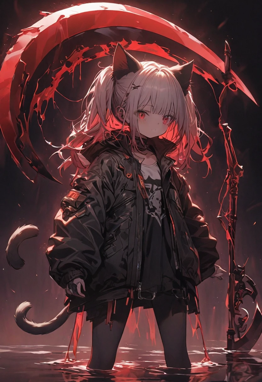 Detailed silhouette of a cyberpunk girl with cat ears and a tail, Flowing, Tattered coat, He has a giant blood scythe that includes a mechanical cat design., Stand on the glossy, Minimalist reflective surface, Red and black gradient background, sense of depth:15