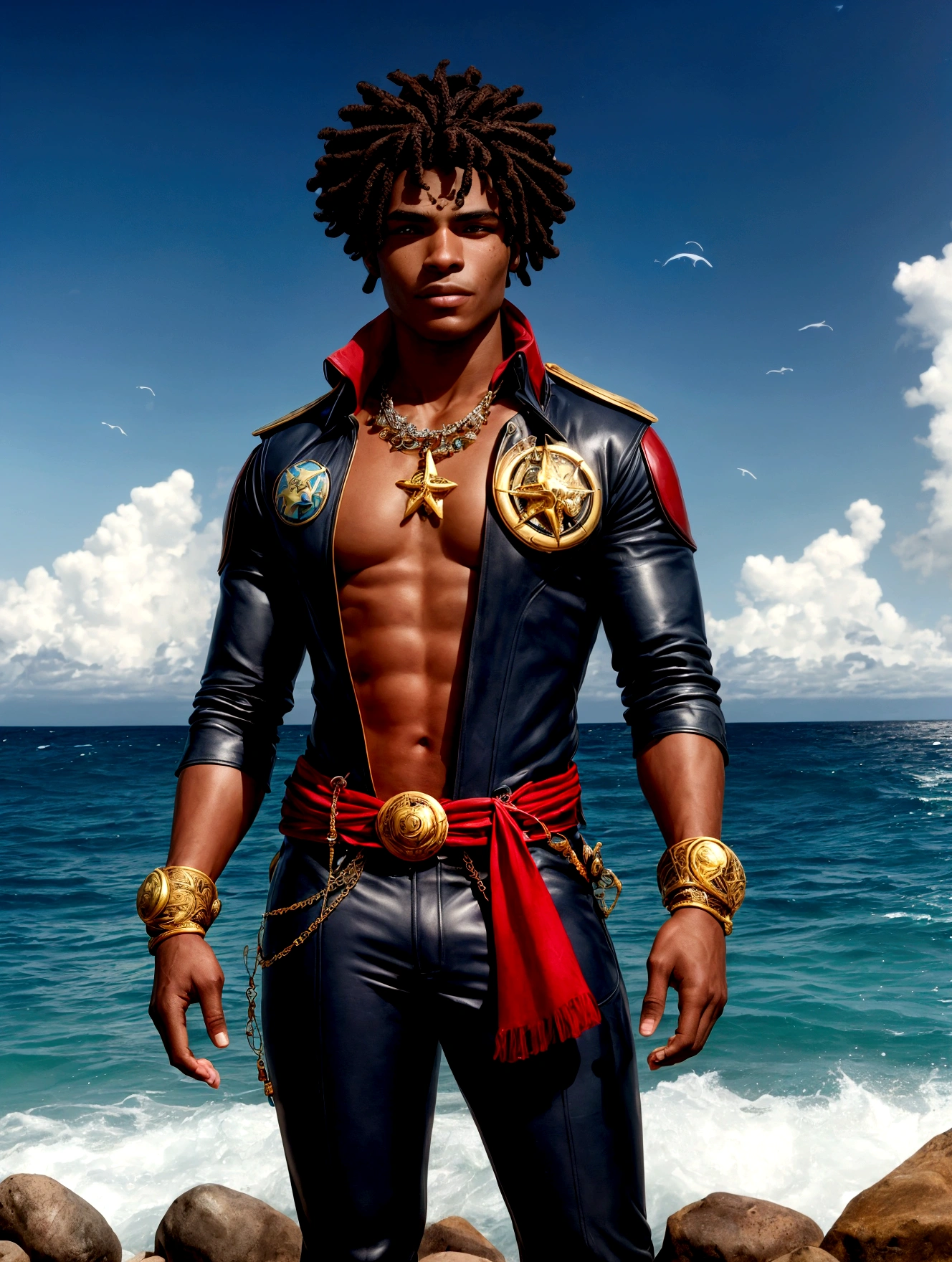 black hair
(Star Captain)General Appearance
(Captain Star) is a 20-year-old young man, with dark skin and a muscular, athletic physique, the result of years of hard work at sea. His presence is imposing and confident, reflecting his determination and courage. Hair He sports afro hair styled with braids and dreadlocks, with a modern side cut that adds a touch of contemporary to his maritime look. Her braids are decorated with small marine amulets and some gold beads, symbolizing her connection with the ocean. Eyes and Distinctive Mark Estrela's eyes are a cosmic blue, deep and penetrating, which seem to reflect the vastness of the oceans she loves so much. A golden star is delicately tattooed on his forehead, a symbol he inherited from his family and which represents his special connection with the sea and the stars. Clothing He wears clothes that match the colors of the Cape Verde flag: green, red, yellow and white. A dark brown leather jacket with gold trim, green and yellow fabric patches, and a red scarf around his neck. He wears sturdy dark pants and sturdy leather boots, ideal for sailing in any conditions.Accessories A gold necklace with a compass-shaped pendant, symbolizing his orientation towards the sea and his love of exploration. He also wears leather bracelets with carvings that tell stories of his past adventures. Expression and Posture Estrela carries a determined and gentle expression at the same time, with a confident smile that shows her willingness to face any challenge the sea presents to her. His posture is firm and relaxed at the same time, revealing a natural leader and a loyal companion to his crew.Conclusion
Captain Estrela personifies courage, determination and a deep connection with the sea and the mysteries it hides. His unique and striking look reflects his personality and his destiny as an explorer of the oceans, ready to explore new horizons and discover lost treasures.