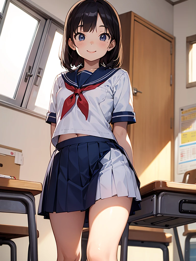 masterpiece, best quality, girls group shot, 10yo, (petite),
 smile, standing, sailor uniform, small breasts, classroom,