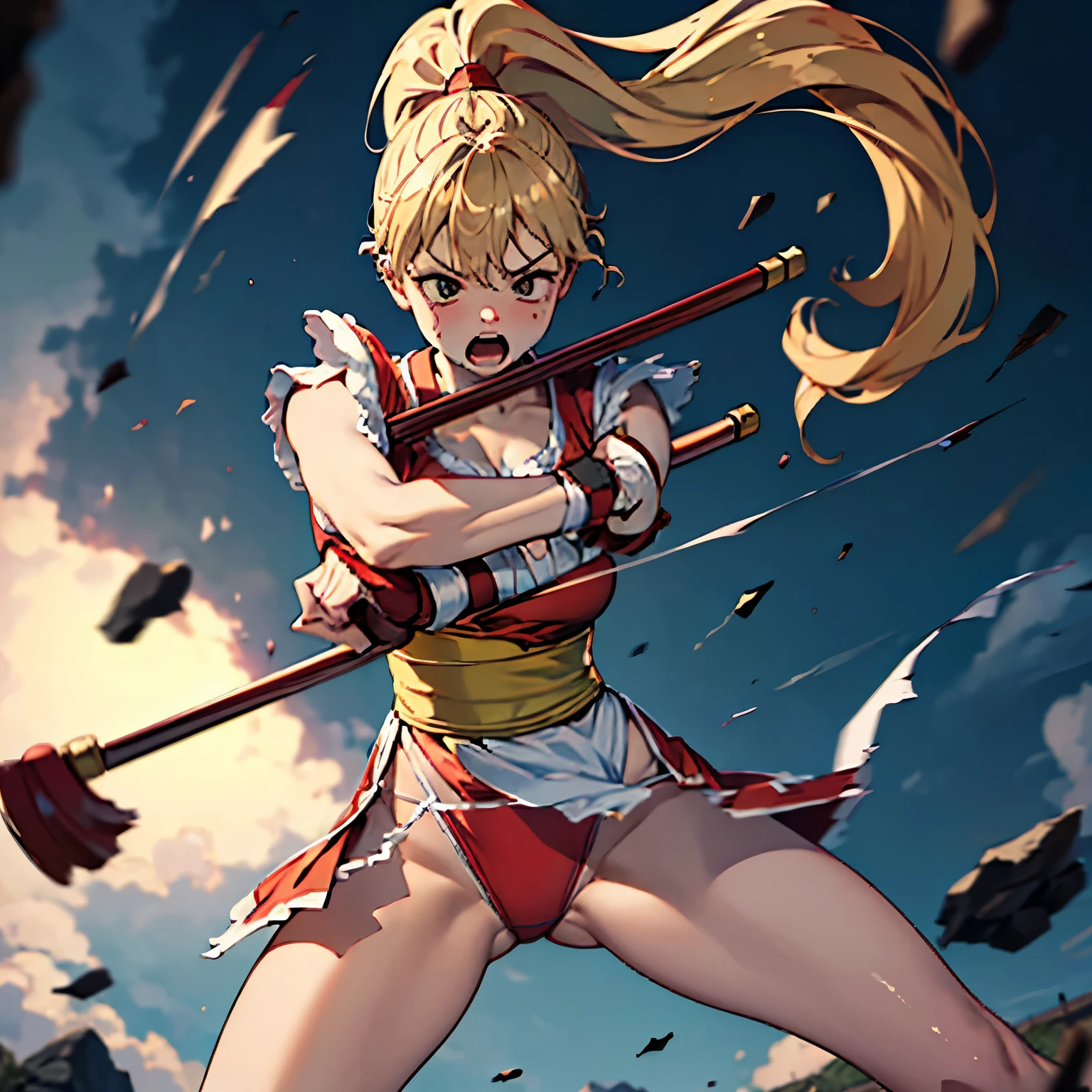 makims,open thighs,squatting,shoot from below,(white panties),screaming,solo,Torn Clothes, ninja, pelvic curtain, japanese clothes, sash, gloves, cleavage, bandages, tonfa,(masterpiece:1.2), best quality, high resolution, unity 8k wallpaper,extremely detailed face, perfect lighting, extremely , (perfect hands, perfect anatomy),