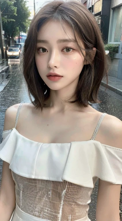 ((Highest quality, 8K, masterpiece: 1.3)), concentrated: 1.2, Perfect Body Beauty: 1.4, Hips: 1.2, ((Layered Haircut, Flat Chest: 1.2)), (rain, street:1.3), Bandeau dress: 1.1, Highly detailed face and skin texture, Beautiful Eyes, double eyelid, White skin, Long Hair, (shut up: 1.3), whole body