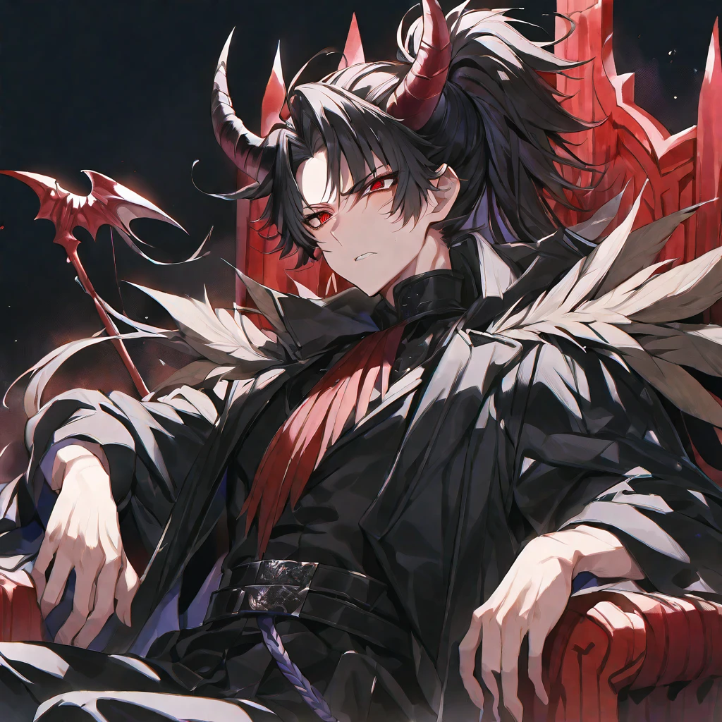 solo,handsome, a watercolor ,
1.male,
Gojo Satoru,
bangs, straight hair, ponytail, bobbed hair, black hair,
Red eyes, Odd Eye, Devil, Devil's Horn, Devil's Feather,
a black coat,
Throne, blood,Face up,
black background