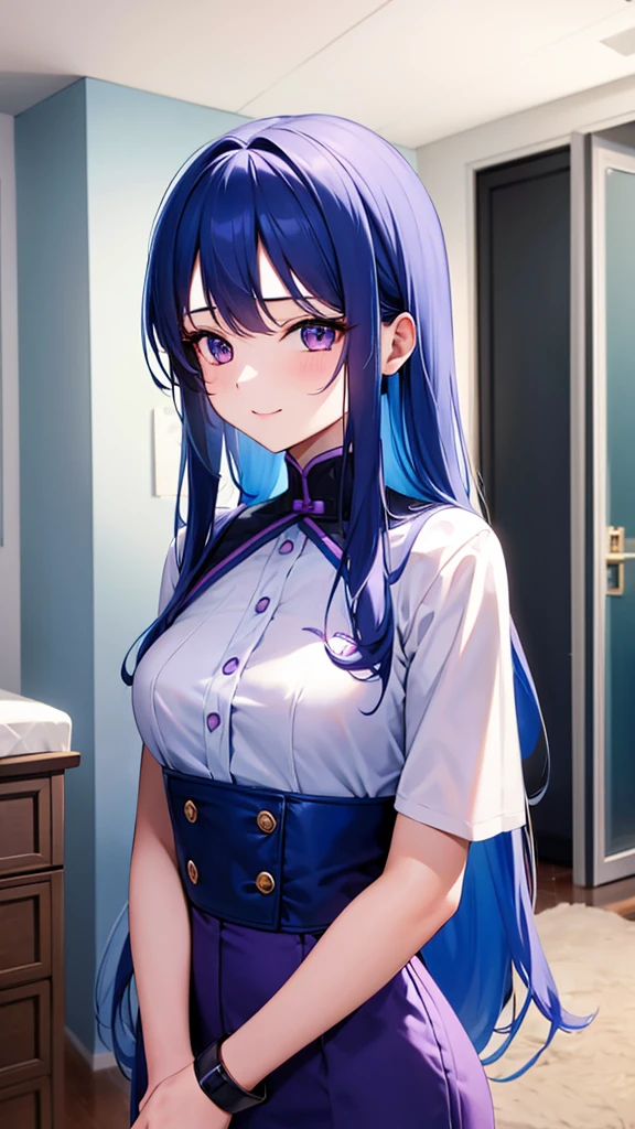 Mature medium long hair sexy cute girl wearing blue hair purple crop and panrolon 8k quality sharp lines Cute girl Background girls' children's room A happy girl