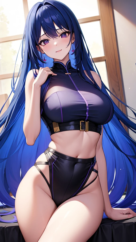 Mature medium long hair sexy cute girl wearing blue hair purple crop and panrolon 8k quality sharp lines Cute girl Background girls' children's room A happy girl