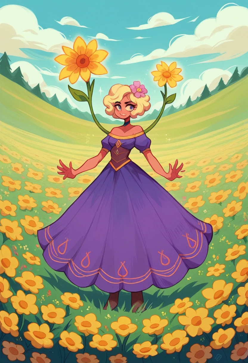 A woman in a purple dress stands in a field of flowers, ein von Penny Patricia Poppycock inspiriertes Albumcover, pixabay contest winner, magic realism, the nonbinary deity of spring, Woman standing in flower field, a goddess in a field of flowers, standing in a field of flowers, standing in a field of flowers, in a field of flowers