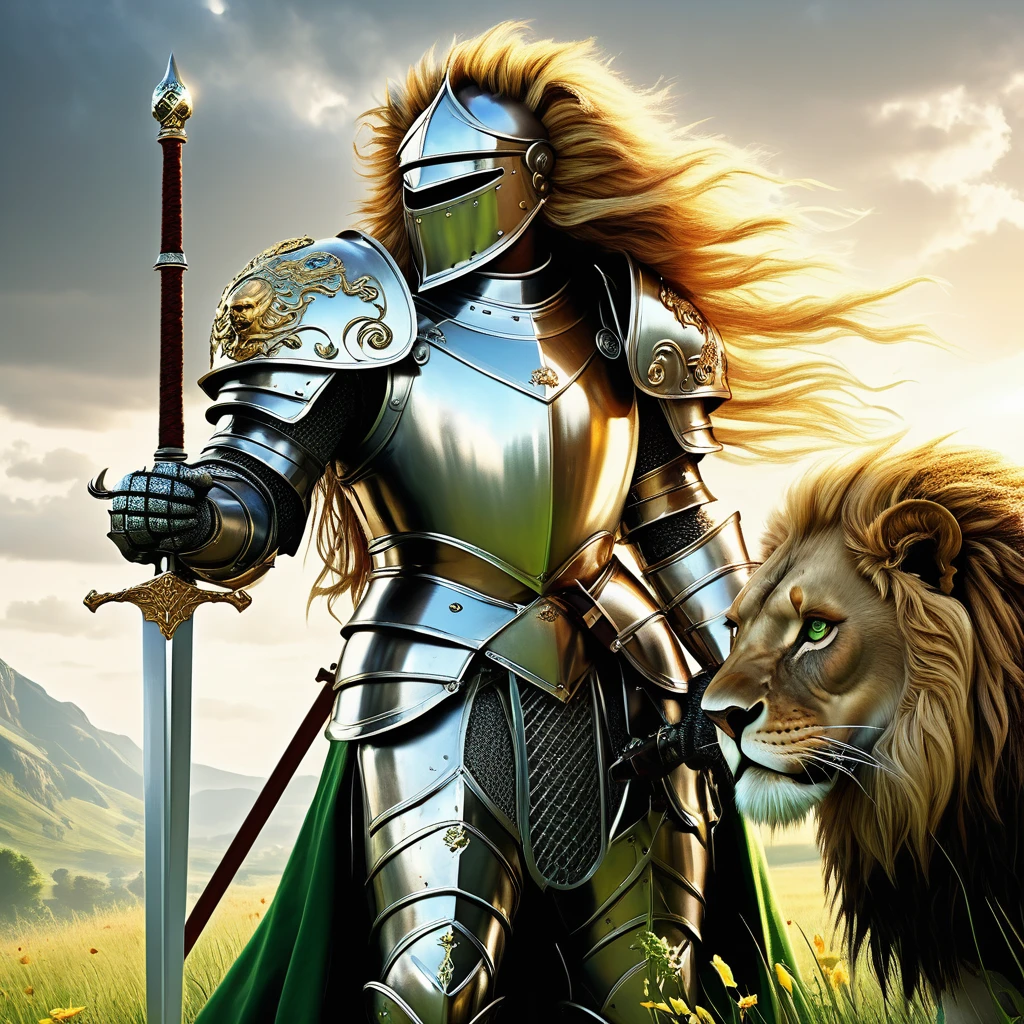 Picture a medieval fantasy knight adorned in gleaming armor fashioned with a majestic lion's head motif. The knight's helmet features a fearsome lion's visage, crafted with intricate details that exude both regality and ferocity. Beneath the helm, the knight's eyes gleam with determination and honor, reflecting the strength of their spirit. Their armor, embellished with lion-shaped engravings and golden accents, shines under the sun's warm light. At their side, a sword with a hilt adorned with lion claws and a mane-like guard rests in its scabbard. The knight stands tall amidst a lush, green meadow dotted with wildflowers, their presence commanding respect and awe. Birds chirp melodiously in the background, adding to the serene yet powerful atmosphere. Capture the noble and courageous spirit of this lion-hearted knight, a guardian and champion in the medieval fantasy realm."