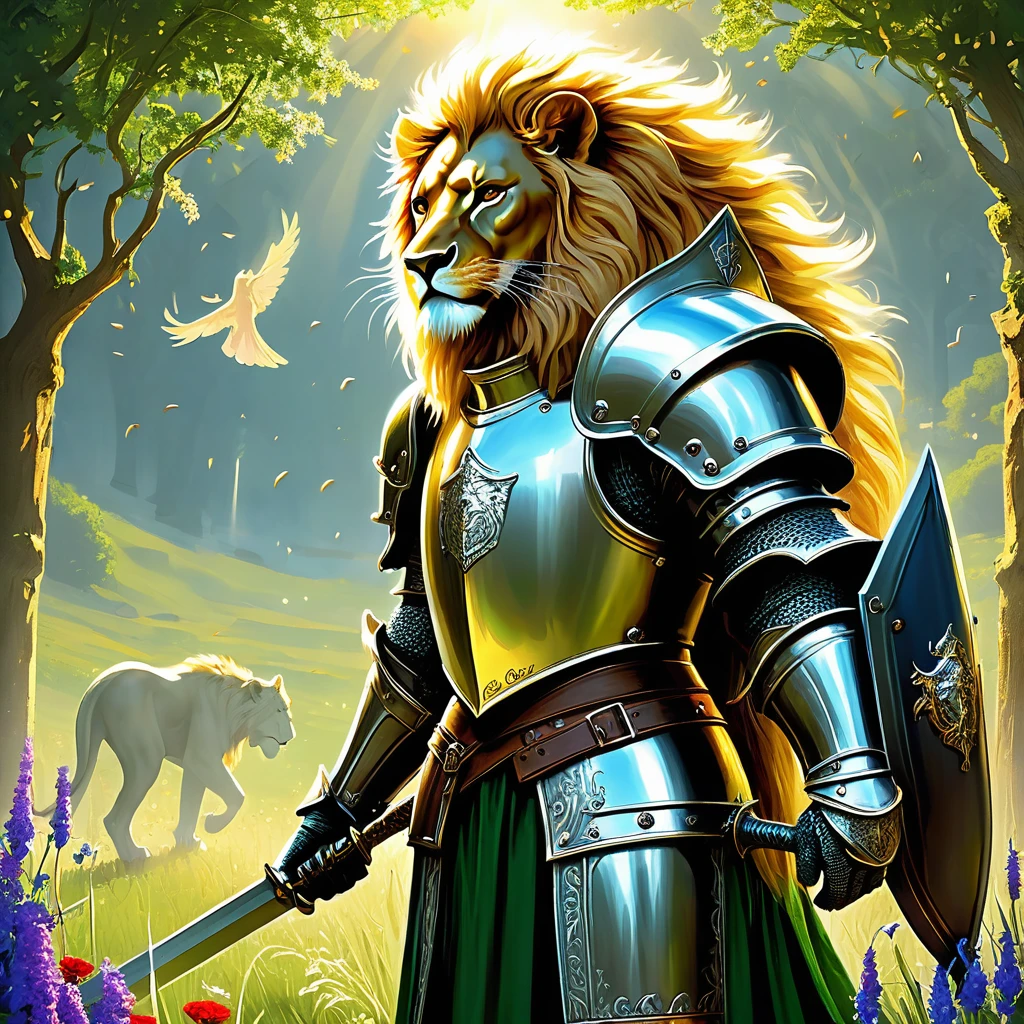 Picture a medieval fantasy knight adorned in gleaming armor fashioned with a majestic lion's head motif. The knight's helmet features a fearsome lion's visage, crafted with intricate details that exude both regality and ferocity. Beneath the helm, the knight's eyes gleam with determination and honor, reflecting the strength of their spirit. Their armor, embellished with lion-shaped engravings and golden accents, shines under the sun's warm light. At their side, a sword with a hilt adorned with lion claws and a mane-like guard rests in its scabbard. The knight stands tall amidst a lush, green meadow dotted with wildflowers, their presence commanding respect and awe. Birds chirp melodiously in the background, adding to the serene yet powerful atmosphere. Capture the noble and courageous spirit of this lion-hearted knight, a guardian and champion in the medieval fantasy realm."