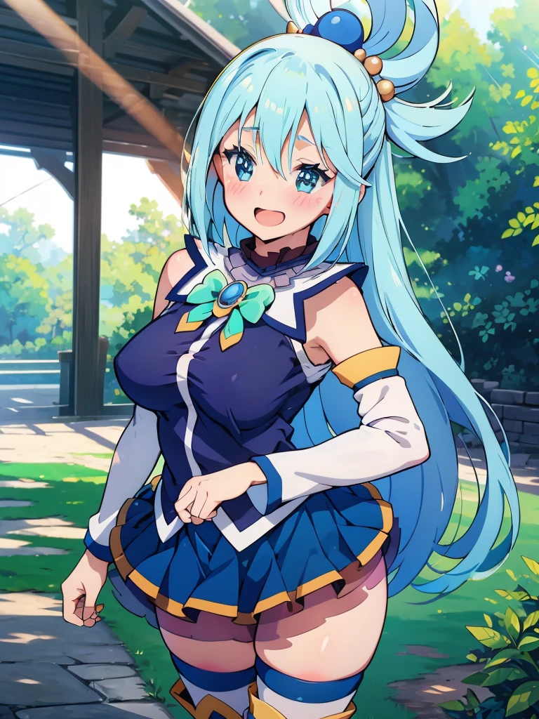 ((masterpiece)), ((Best quality)), (ultra detailed), ((kawaii)), Cute, (Beautiful), ((sexual)), ((extremely detailed)), 4K, (8 thousand.), Best quality, (Beautiful), illustration, anime style, (heavy line:1.2), Gradation, extremely detailed, Subtle touch:1.2), (Natural light, Sunbeam, rays of light, Dappled light, reflection, shadows, ray tracing:1.2) Cute girl, 1 girl, Konosuba, Water, blue hair, detailed clothing, detailed fabric, Hair rings, (One:1.2), standing, emphasizing the neckline and short skirt, slightly sheer blouse, short pleated skirt, Perfect eyes, (sexual expression:1.2), fascinated expression, smiling, looks at the viewer, smile, open mouth, leant forward, (blush:1.2) , (Beautiful eyes), lifting skirt, Panties shown, Cute, stockings, hips high, hourglass body, Medium breasts, T-boots, Mid thighs, big ass, Look at yours