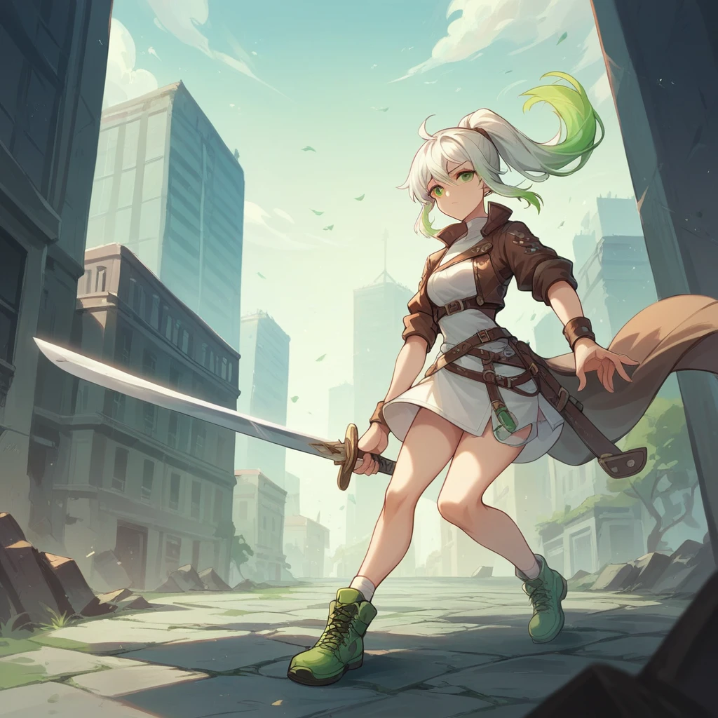 (masterpiece, Highest quality:1.3), One girl, alone,ponytail,Green and white gradient hair,Green Eyes,Adventurer,middle ages,Leather shoes,Background city,Sword in left hand,White clothes,