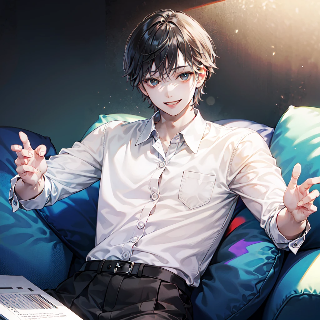 { masterpiece : best quality : high resolution : unity 8k wallpaper : illustration : handsomely detailed eyes : extremely detailed face : perfect lighting : extremely detailed CG : perfect hands : perfect anatomy } {25 year old, hazel eyes, black short haired male, muscular body that his body divinely shaped , white collar shirt, black short, solo, smiling, looking at viewer, cinematic composition, charismatic pose, full body image , }