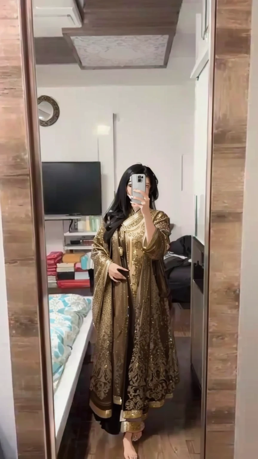a woman taking a selfie in a mirror in a room, wearing a silk kurta, wearing a kurta, full covered dress, outfit photo, wearing a fisher 🧥, full body photogenic shot, full body picture, wearing jedi robes and a sari, 8k selfie photograph, fully covered in drapes, wearing an elegant tribal outfit, full dress