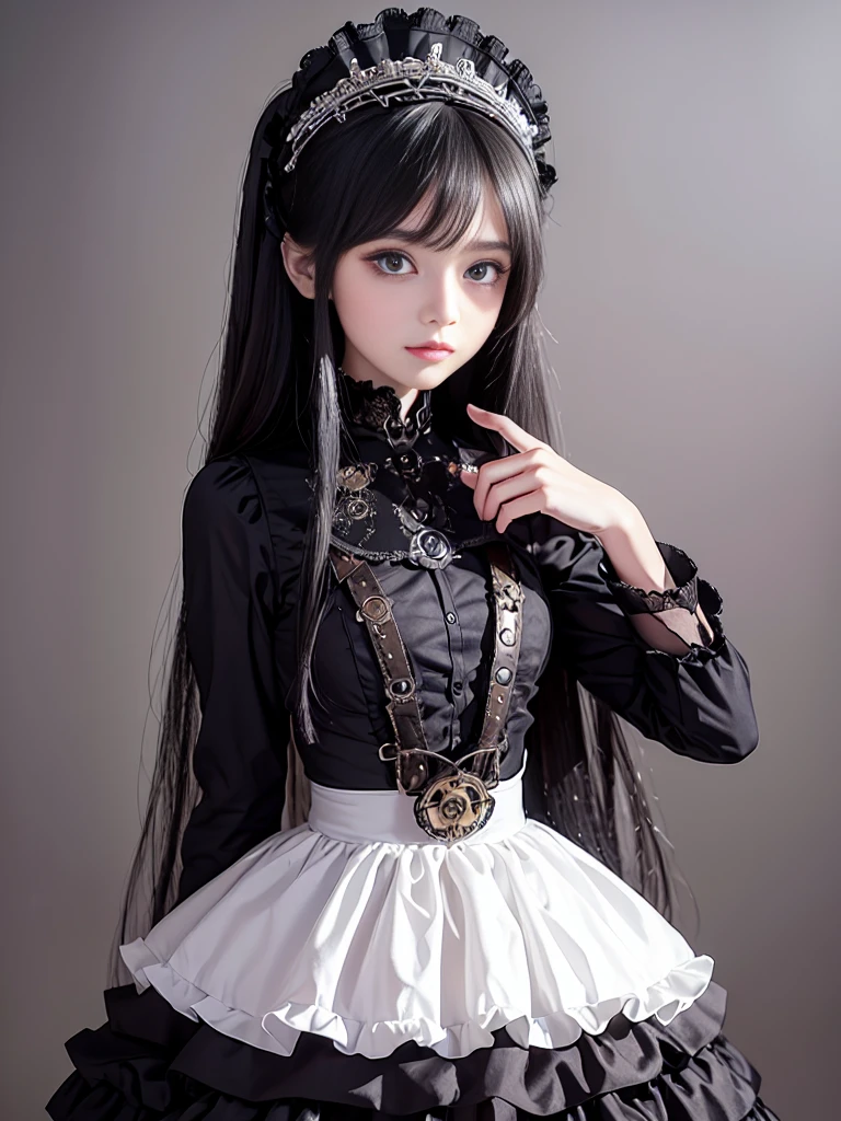 (((masterpiece, Highest quality, Super detailed))), (((1 Infinity Mage Girl))), 14 years old, (((Highly detailed face))), Small, thin nose, A small, thin-lipped mouth, (((Very sharp focused eyes))), Very large slit-shaped, precise pale grey eyes, Shining like a jewel. Very long eyelashes, long black hair with black vertical curls,, with fringes, ((Steampunk fashion, Gothic Lolita Fashion))