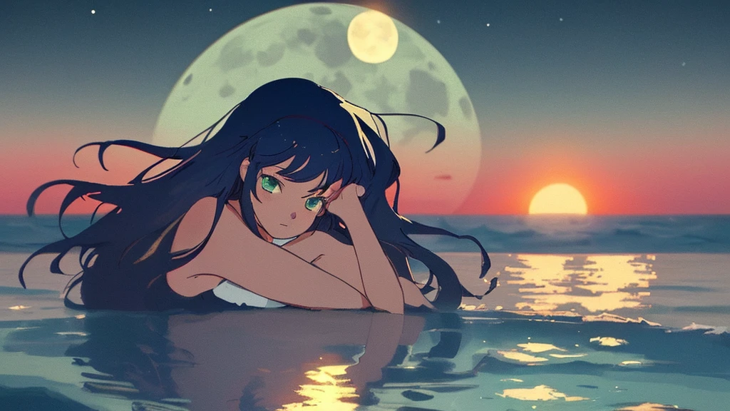 Lo-fi music anime illustration of a girl sitting on the beach at night watching a bonfire。The moon is reflected on the surface of the sea、It creates a calm and quiet atmosphere。The girl is relaxing in a camping chair、A gentle breeze makes me feel like time is passing slowly as my hair flutters.。The only light is from the moon and the bonfire