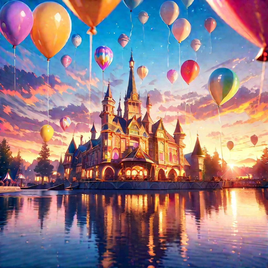 A sunset over a vibrant Candyland, with colorful balloons, ice cream, and drinks 🎈🍦🍹❤(😘👩🎀👗⚜👒👡💅)🎪🎢🎡🎠. The scene is full of excitement and joy, with a variety of attractions. The sky is ablaze with a mix of warm and cool tones, creating a stunning backdrop. The lighting is soft and golden, casting a warm glow over the entire landscape. The vibrant colors of the candy-inspired structures stand out against the pastel sky. The candy-themed buildings are adorned with intricate details, from candy canes to lollipops, creating a whimsical and magical atmosphere. The balloons float in the air, adding an element of playfulness and fun to the scene. The air is filled with laughter and happy chatter as people enjoy the festive atmosphere. The characters are beautifully dressed, with elegant outfits and delicate accessories. Their eyes shine with excitement and anticipation, while their lips display a cheerful smile. The girls' dresses are adorned with bows and ribbons, adding a touch of femininity to their appearance. The scene captures the beauty of friendship and the enjoyment of a carefree day at the amusement park. The overall image quality is of the highest standard, with a focus on every minute detail. The image is ultra-detailed, bringing to life every aspect of the scene. The colors are vivid and vibrant, enhancing the magical atmosphere of the Candyland. The lighting is carefully crafted, creating a sense of depth and dimension. The photorealistic rendering adds a sense of realism to the artwork, making it appear almost like a photograph. The art style combines elements of both illustration and photography, creating a unique and captivating visual experience. The colors are carefully chosen to evoke a sense of wonder and enchantment. The scene is bathed in warm hues, creating a dreamlike ambiance. The lighting highlights the key features of the landscape, adding depth and dimension to the image. In summary, the prompt describe a beautiful sunset candyland