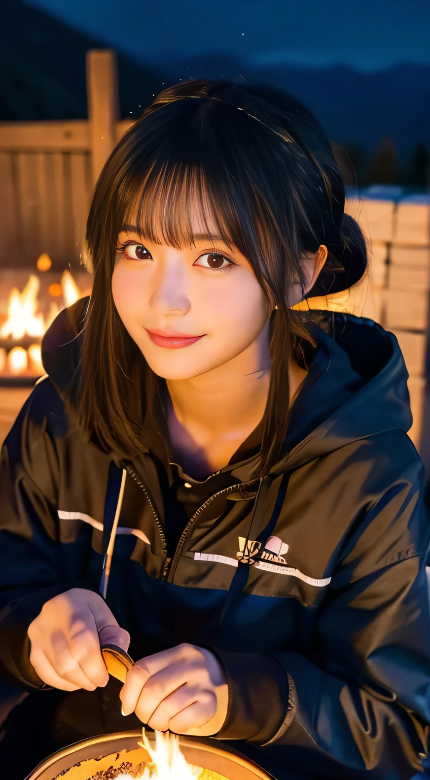 (Highest quality,In 8K,masterpiece:1.3,),(Ultra-high resolution,Photorealistic:1.4,Raw photo),(Ultra-detailed,Glowing Skin,Delicate skin),(Detailed face,Perfect Anatomy,Caustics),(Girl making a bonfire in the mountains),cute,18-year-old,Japanese,Japanese Ido,smile,Looking down at the camera,Black-haired,Short Ponytail,Large Breasts,(Hooded parka),Long trousers,Late at night,(Star-filled night sky),Realistic bonfire flames,(Close-up of a bonfire:1.1),Bonfire Focus,Low position,Low angle,