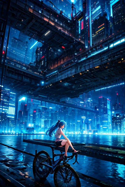 a girl sitting on top of bicycle, dolphin shorts, blue hair, ponytail, A complex machinery structure in a futuristic city
