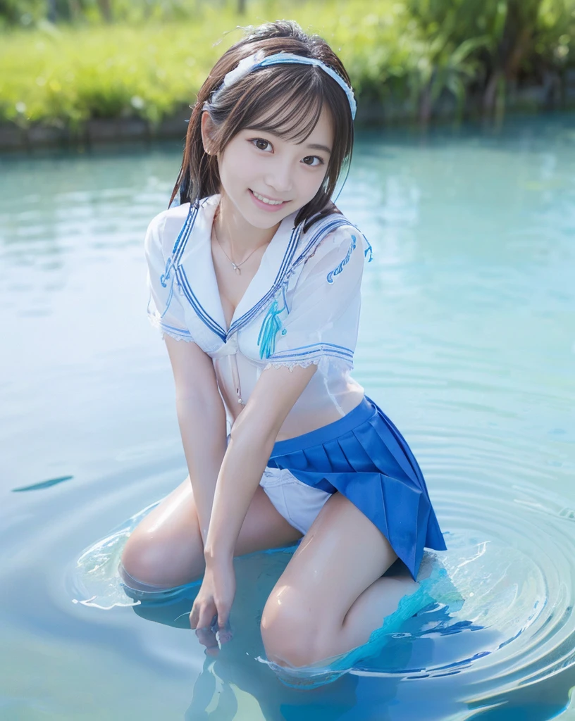 (NFSW)、(High resolution:1.5)、Highest quality,Very detailed,masterpiece,Super detailed,alone,(One 12 year old girl),((Summer School Uniforms:1.5)), Seraphim, ((skirt:1.5)), smile, Thigh fetish images: 1.5、(((barefoot)))、(Her thighs and white bikini reflected in the clear blue water)、(reflected in water:1.5)、((I can see the white string panties:1.5))、(Cleavage)、((Clear blue seawater))、Summer sun、はしゃいだsmile、Beautiful Eyes、(pull-out-panties)、(Panties on knees)、Big necklace and tiara、The water is marine blue、(((Glossy thighs)))