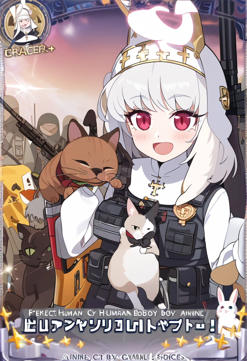 ((Perfect human body)),1girl,Anime girl with white hair and bunny ears, Red eyes, blush,Eyes with enhanced sparkle,A big smile,,Nuns,Special forces equipment,army vest,Modest chest,full Art,Rifle on shoulder,Character portrait,Catを見る,Cat