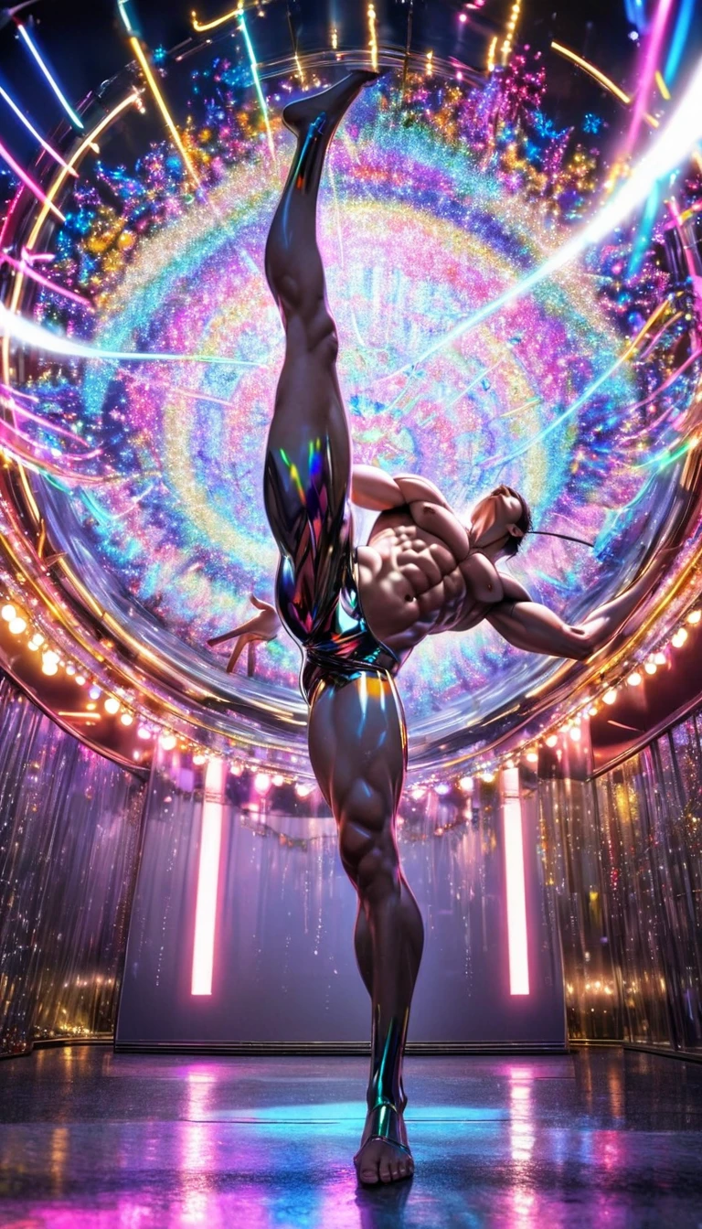 (Highest quality:1.2),One man,alone,Are standing_Split,whole body, Photo of a Japanese man in his 20s made of shiny white and silver translucent glass and plastic,Muscular and shirtless, Silver metal interior, Dynamic pose, Flow organic structure, A sparkling golden circuit, colorful Neon decoration, Ball of Light, Illumination, Illumination回路, Neon decoration, Depth of Field Focus F/2.8, H&#39;art.right. liver, Greg rightutowski