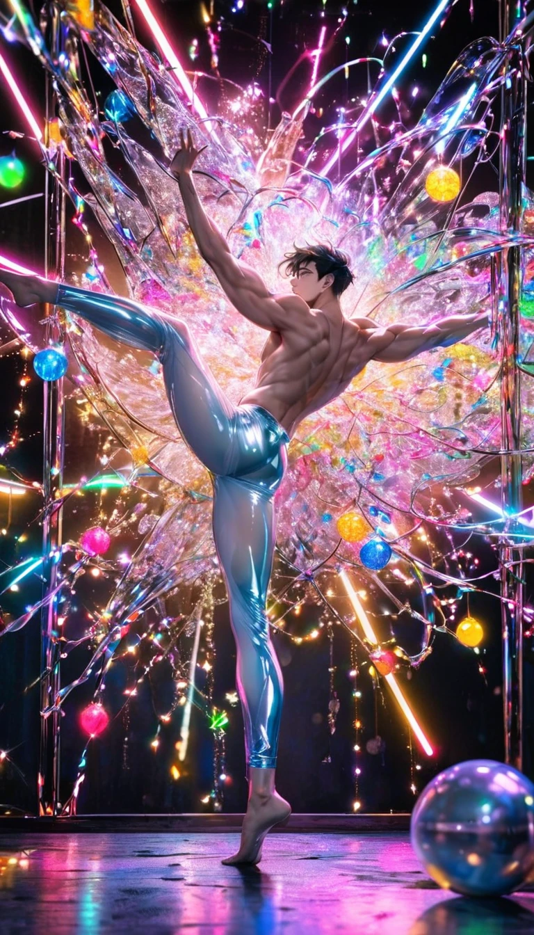 (Highest quality:1.2),One man,alone,Are standing_Split,whole body, Photo of a Japanese man in his 20s made of shiny white and silver translucent glass and plastic,Muscular and shirtless, Silver metal interior, Dynamic pose, Flow organic structure, A sparkling golden circuit, colorful Neon decoration, Ball of Light, Illumination, Illumination回路, Neon decoration, Depth of Field Focus F/2.8, H'art.right. liver, Greg rightutowski