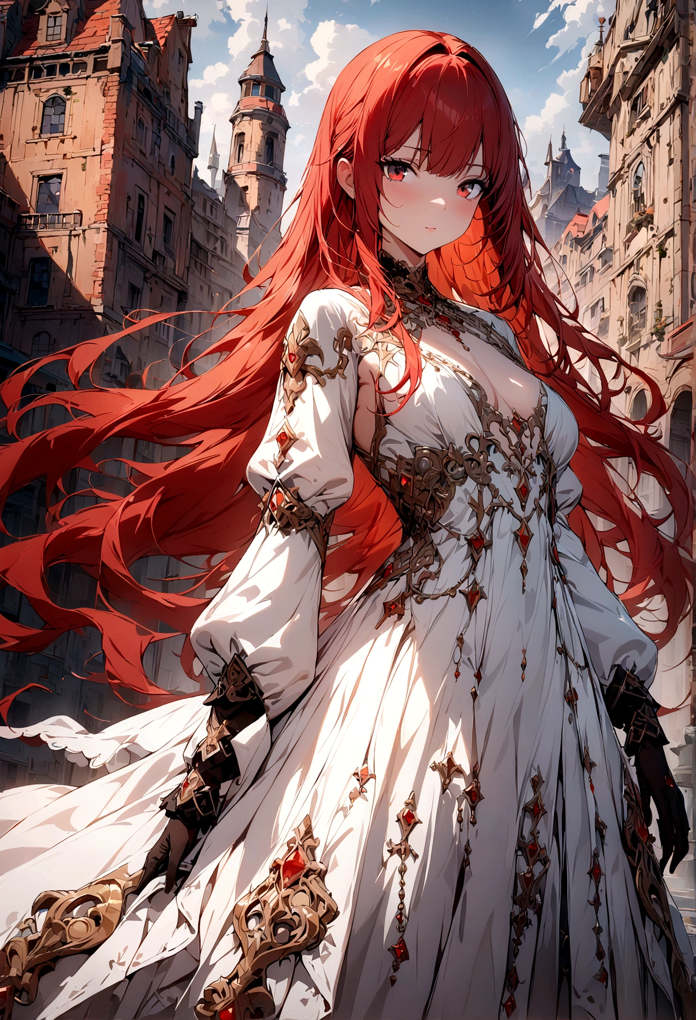(Masterpiece,best quality)),8k wallpaper,1 girl, long hair, red hair, alone, dress, red eyes, looking at viewer, long sleeves, standing, building, white dress, gloves, ornament 