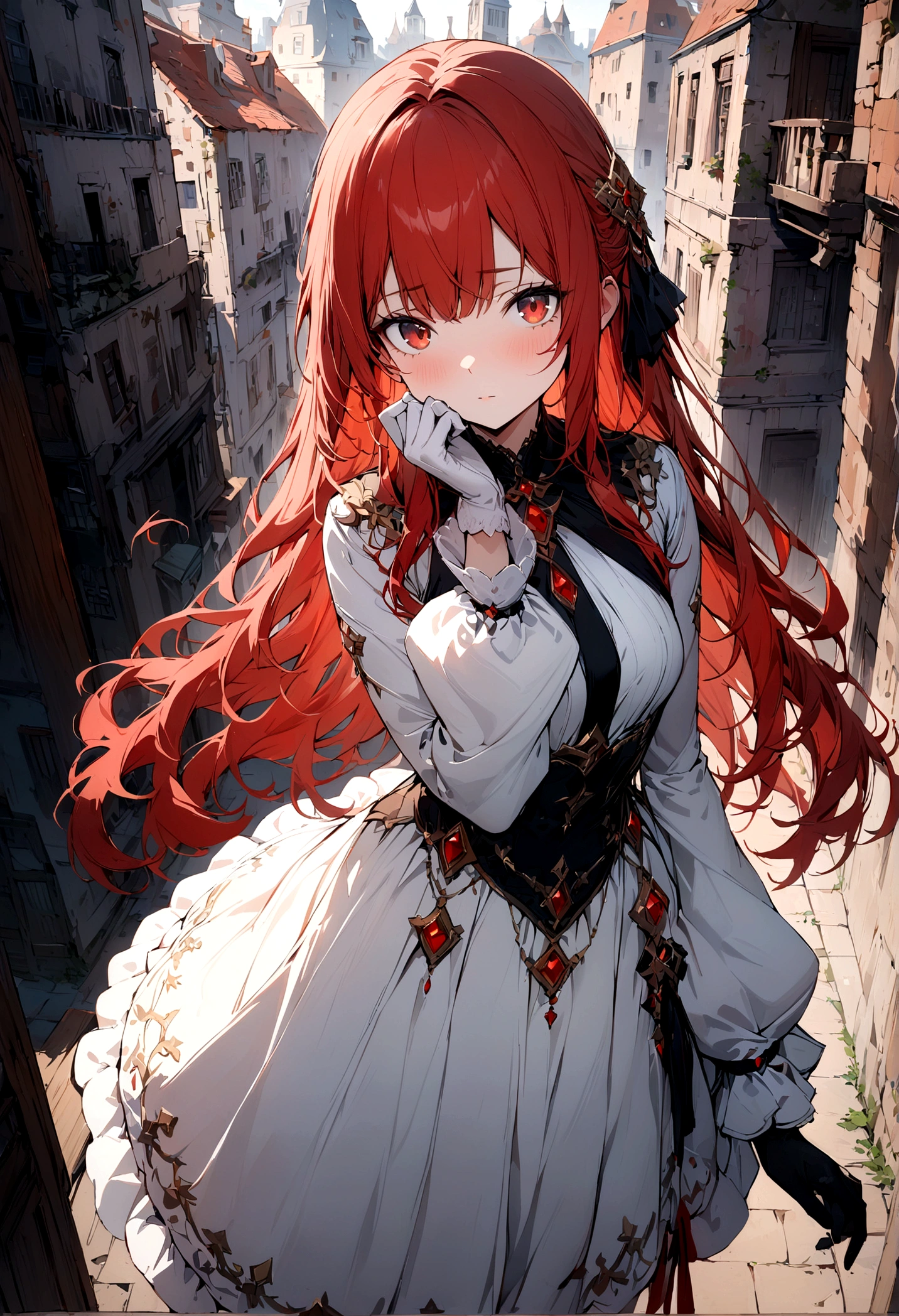 (Masterpiece,best quality)),8k wallpaper,1 girl, long hair, red hair, alone, dress, red eyes, looking at viewer, long sleeves, standing, building, white dress, gloves, ornament