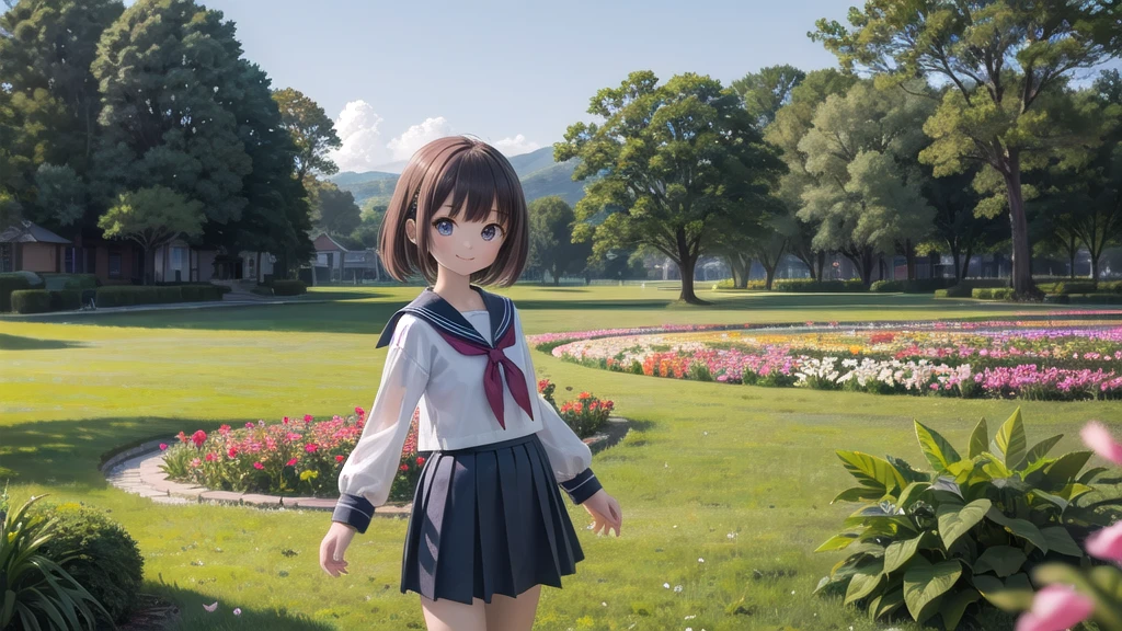 (masterpiece),  town,  blue sky,  One Girl,  smile,  alone,  Sailor suit、Long skirt,  Overgrown,  petal,  plant、Skirt lining、Translucent slip、Nostalgic